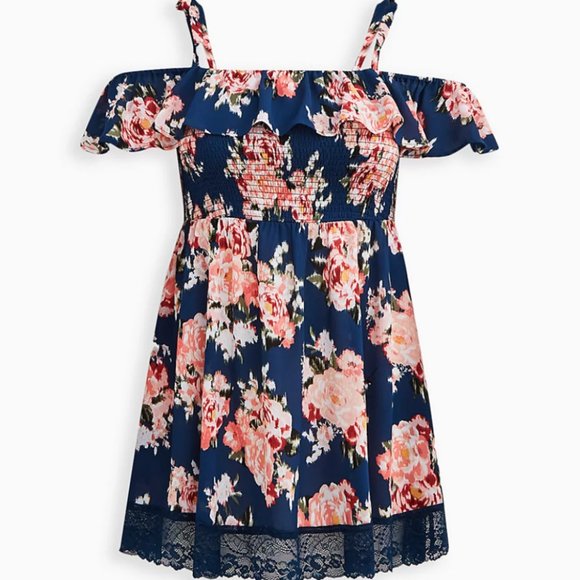 New Torrid Ruffle Lace Trim Swim Coverup Dress - Ikat Floral Blue 4X 5X - Picture 2 of 4